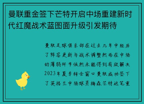 曼联重金签下芒特开启中场重建新时代红魔战术蓝图面升级引发期待