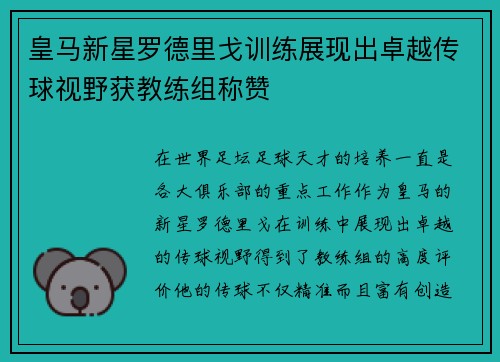 皇马新星罗德里戈训练展现出卓越传球视野获教练组称赞 皇马新星罗德里戈训练展现出卓越传球视野获教练组称赞