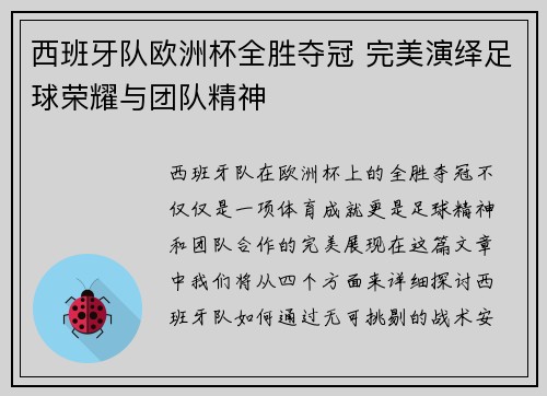 西班牙队欧洲杯全胜夺冠 完美演绎足球荣耀与团队精神 西班牙队欧洲杯全胜夺冠 完美演绎足球荣耀与团队精神